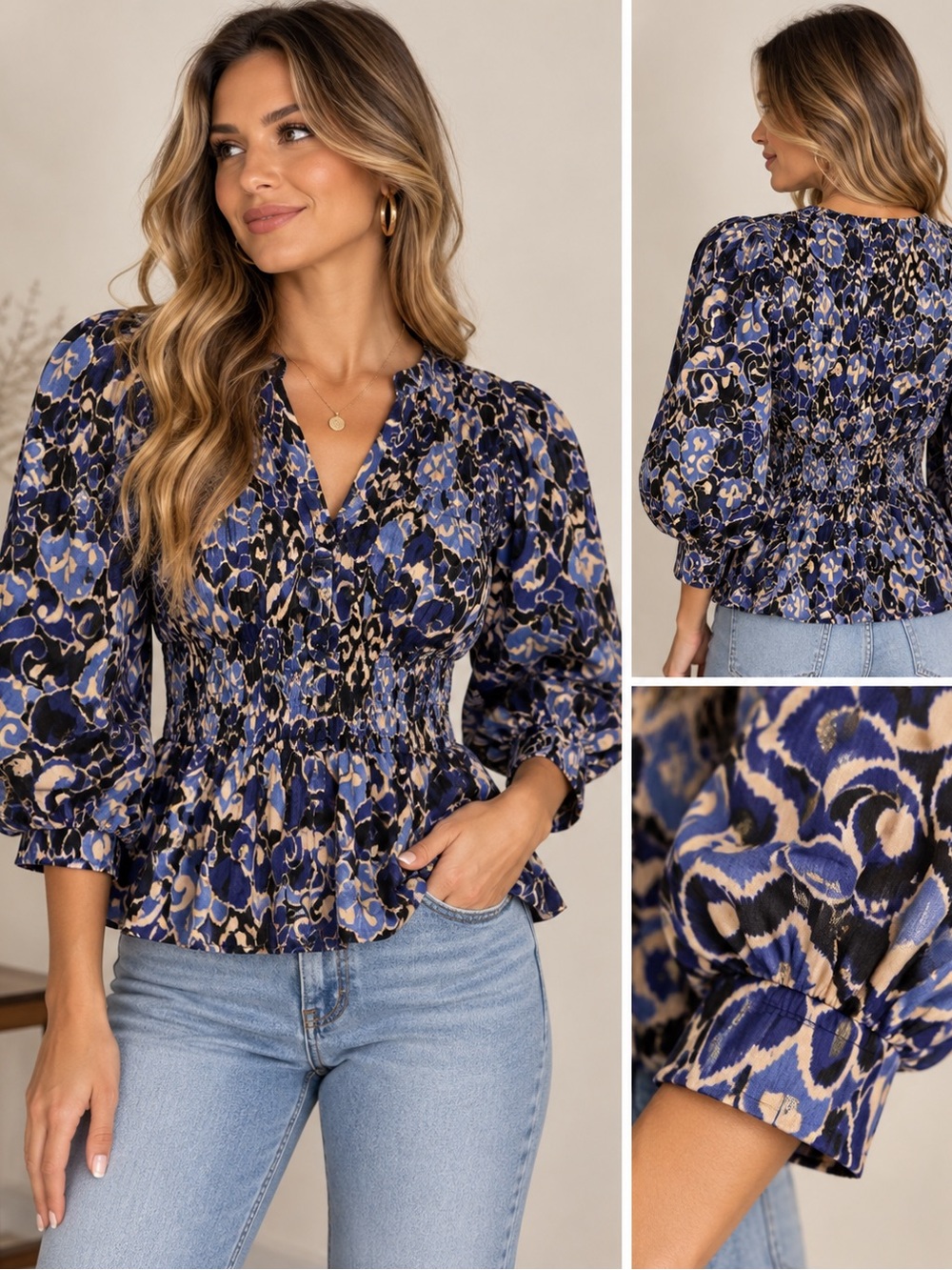 Olivaceous Womens Large Blue Black Peplum peasant Blouse Puff Sleeve 100% cotton